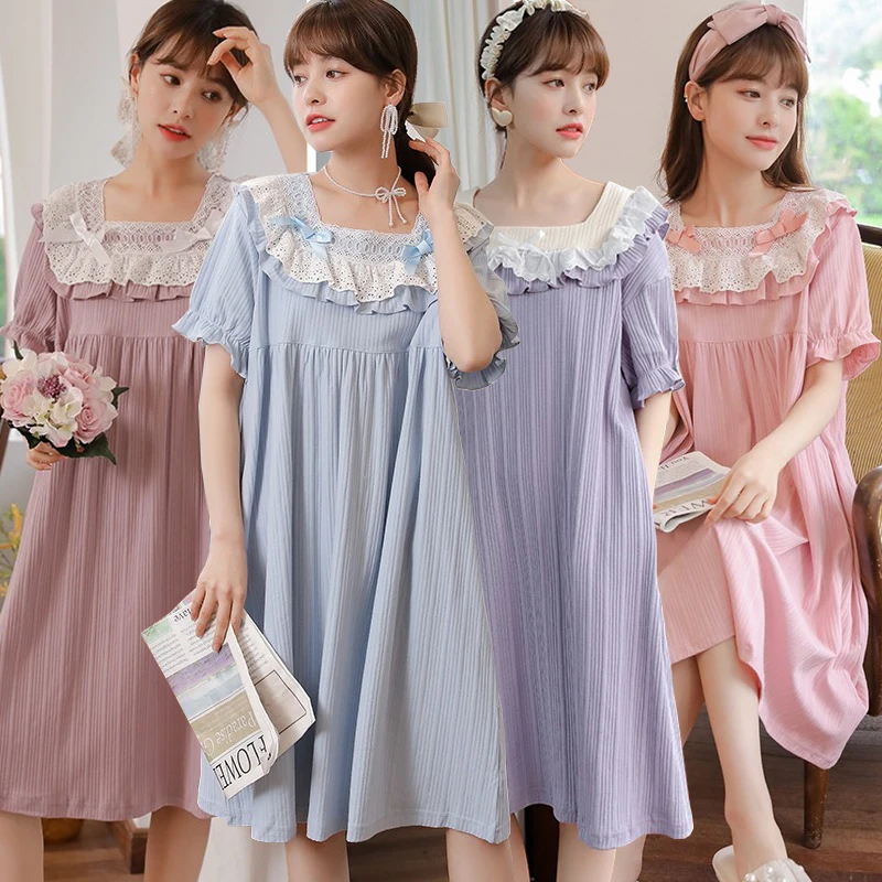 

Корейская короткая ночная рубашка 2022, домашняя одежда, женская ночная рубашка, ночные рубашки, кружевная одежда для сна принцессы, летняя Ми...