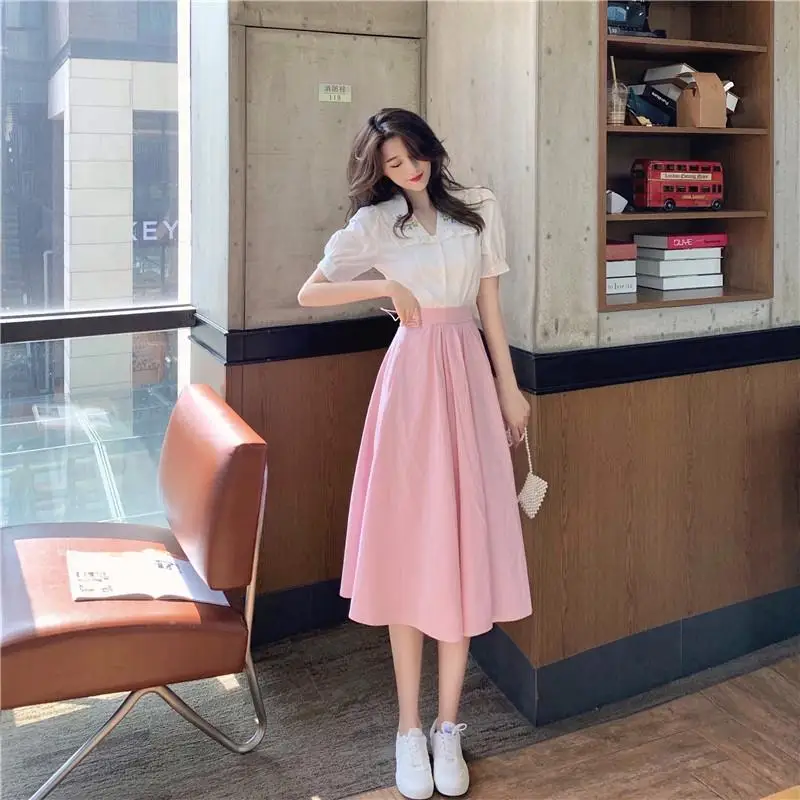 

Women 2022 Summer Office Two Piece Set Female Short Sleeve Casual Shirts Blouses and Midi Skirt Lady Business Formal Suit I27