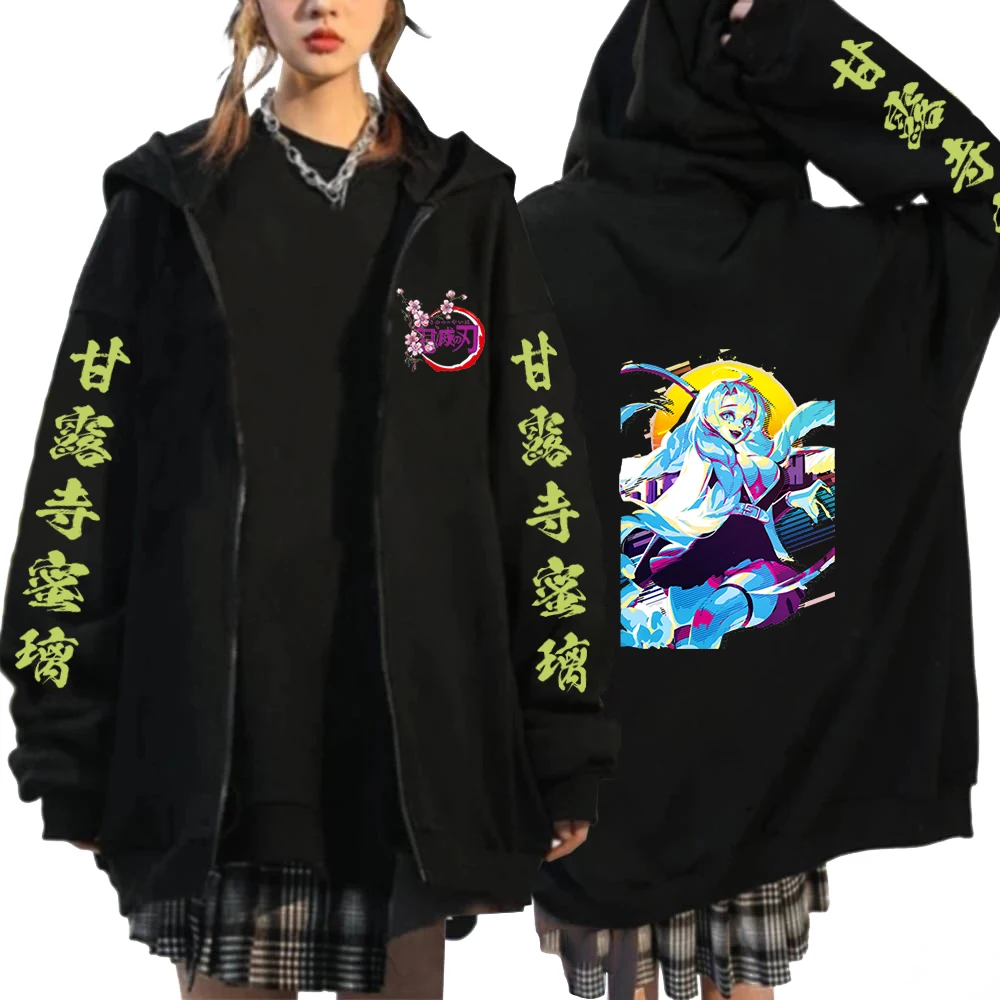 

Y2K Jackets Demon Slayer Kanroji Mitsuri Anime Men Hoodies Black Zip Up Sweatshirts Retro Harajuku Hooded Jacket Streetwear Tops