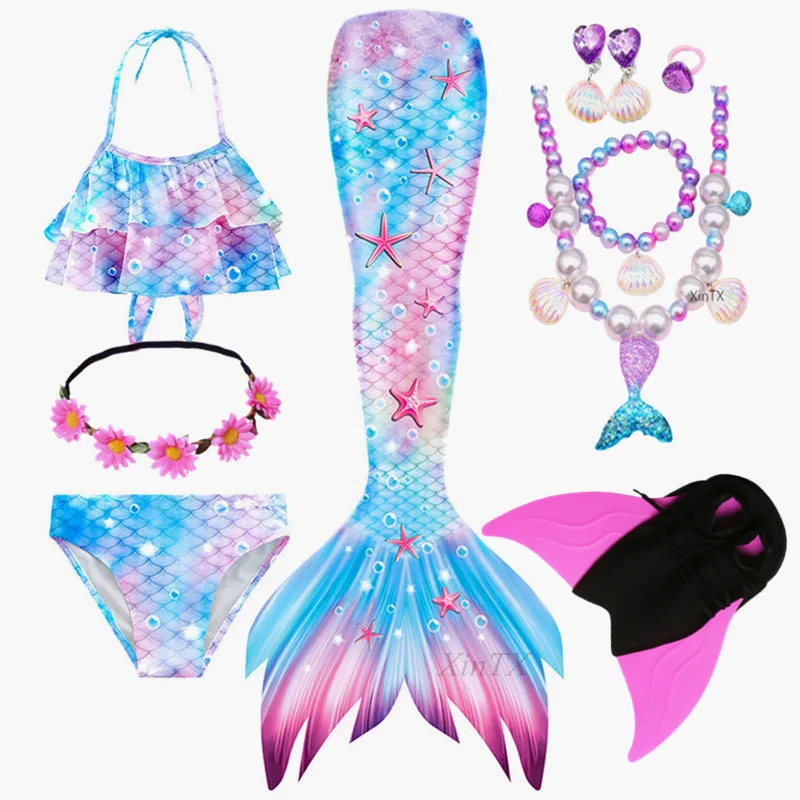 NEW!2020 Rainbow Pink Mermaid Tail with Monofin Bikini Bathing Swimsuit Dress for Girls Swimming Costume