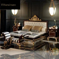 modern european Italian solid wood genuine leather bed Fashion Carved  luxurious french bedroom set furniture king size jxj84