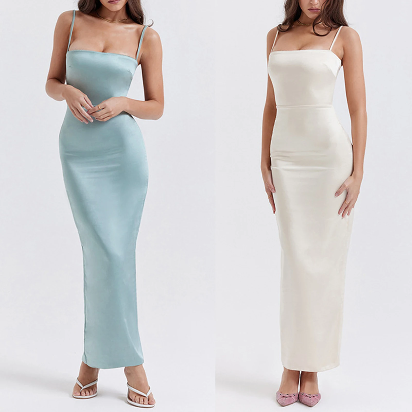 

Women Bodycon Maxi Dress Elegant Style Ladies Spaghetti Strap Dress Square Neck Off Shoulder Solid Color Slim Fit Daily Suit