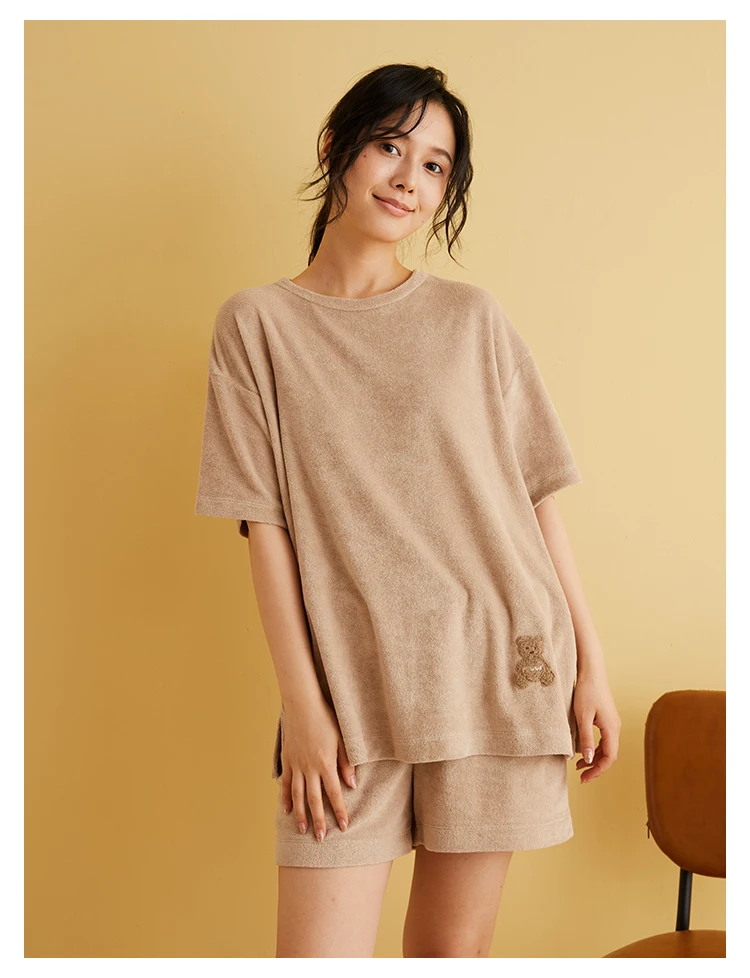 Room Wear Gelato Pique Homewear Women Pajamas Set Hoodie Shorts Trousers Bear Embroidery  Towels Fabric