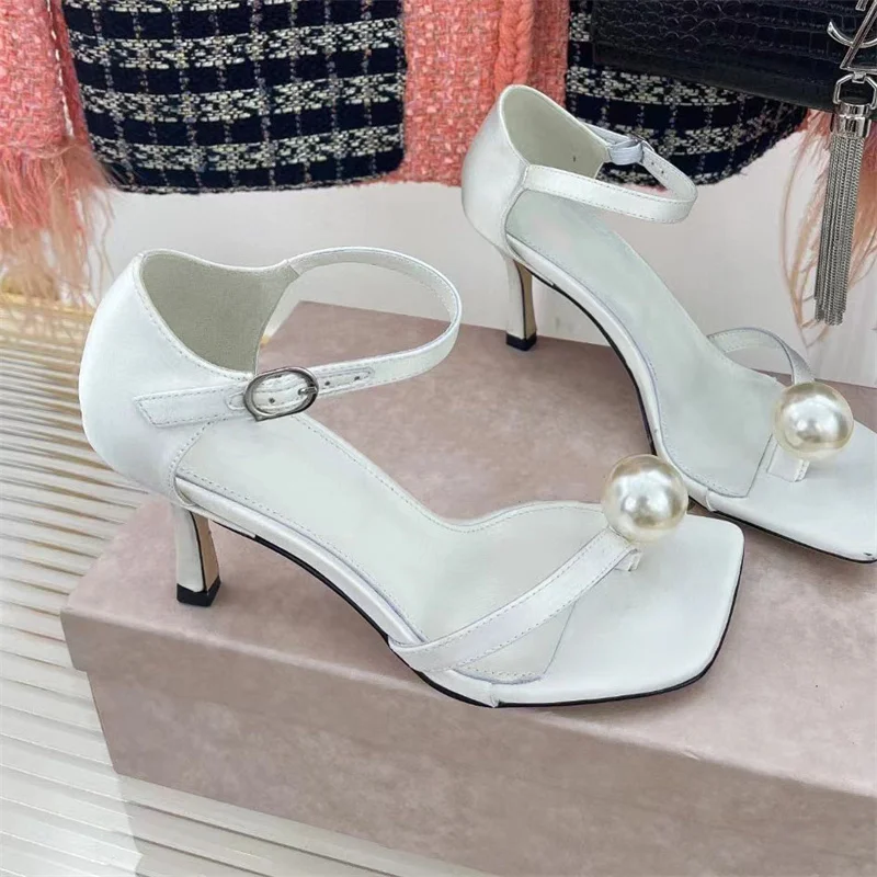 

Pearls Women Sandals Brand Fashion Braid Wedding Summer Peep Toe High Heels Designer Ankle Buckle Sandalias New Female Shoes