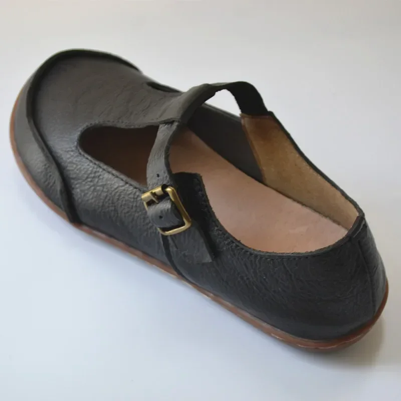 Женская обувь из воловьей кожи в стиле ретро Т-образная форма на плоской подошве