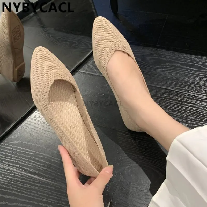 

2023 Solid Color Pointed Toe Shallow Women Flats Shoes Mesh Loafers Soft Bottom Knit Ballet Flats Shoes Lazy Slip on Boat Shoes