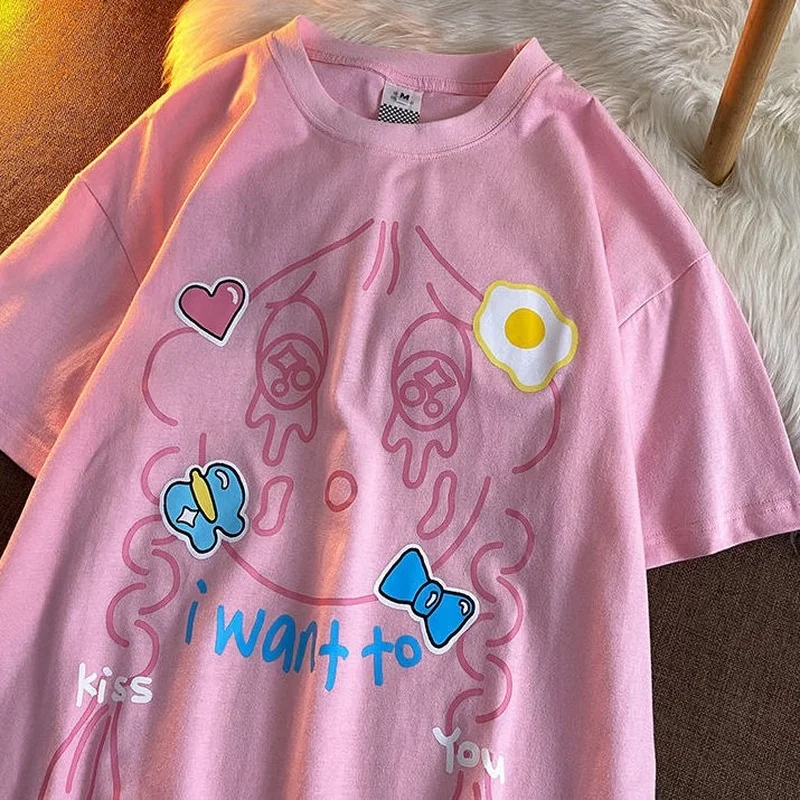 

Футболка женская оверсайз с японским принтом сердец и омлета, Повседневная рубашка с коротким рукавом, уличная одежда в стиле Харадзюку, на лето