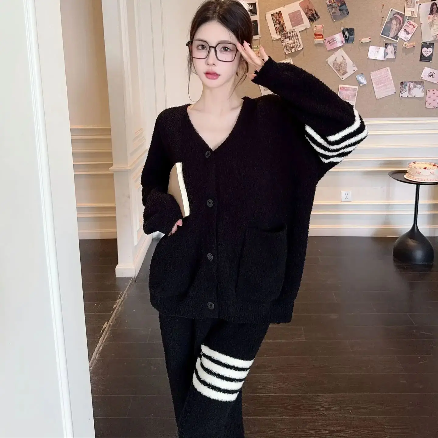 Зимний женский теплый комплект одежды для сна из кораллового флиса полосатая