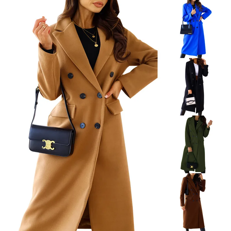 

2023 New Autumn and Winter New European and American Women Coat Simple Double Breasted Long Sleeved Polo Collar Woolen Overcoat
