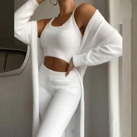 homewear lady autumn three piece suits winter casual 3 piece sets women soft fluffy long pants and sexy off shoulder crop tops