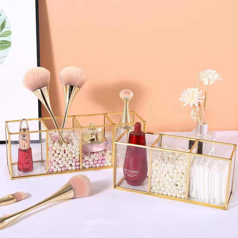 

Transparent Glass Makeup Brush Storage Box Gold Cosmetics Container Ring Pencil Lipstick Holder Make Up Brushes Organizer