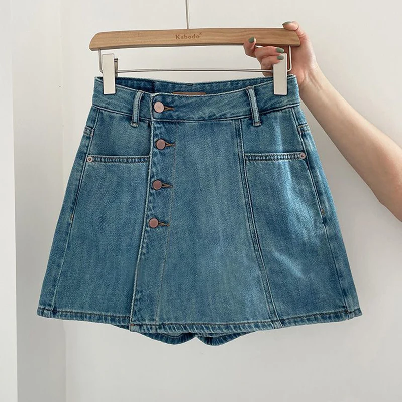Trend denim skirt women's 2022 summer new shorts  high-waisted thin  multi-button A-line culottes  wide leg pants women