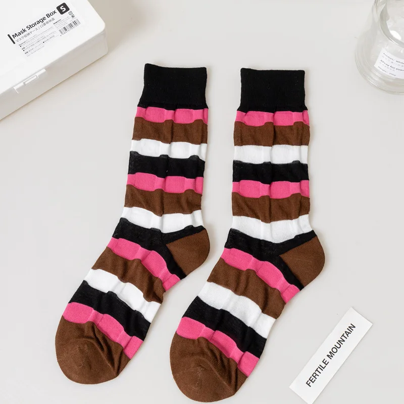 Korean Pleated Striped Mid-tube Socks Women's Contrast Color Harajuku Lantern Sock Trend Color Cotton Ins Tide Skateboard Socks