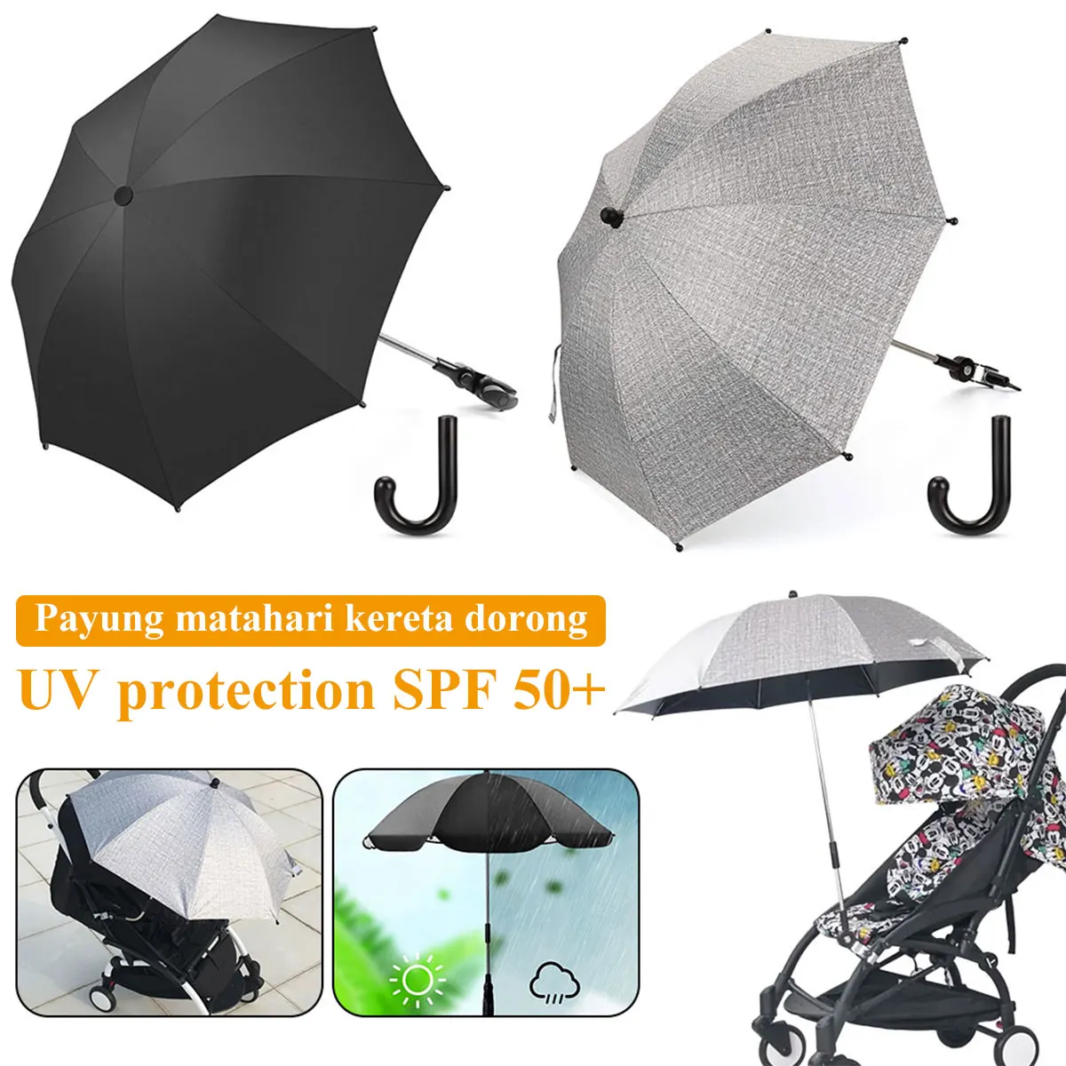 

L Baby Strollers Umbrella with Adjustable Clamp Sun Protection Pram Umbrella Universal Baby Buggy Parasol with Handle SPF 50+