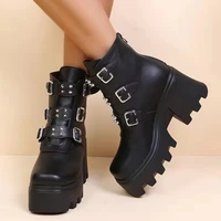 2022 spring autumn ankle boots women platform boots rubber sole buckle black leather pu high heels shoes woman comfortable