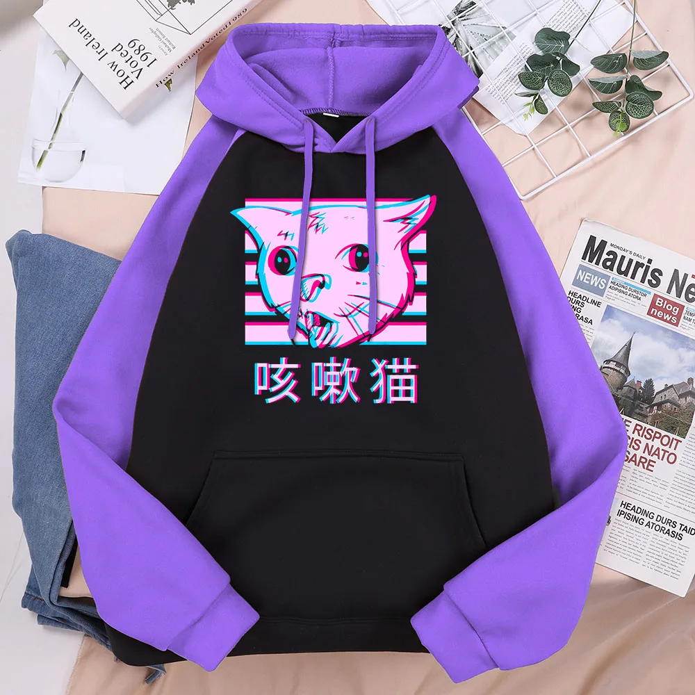 

Vaporwave Style Naughty Cartoon Cat Sticking Out Tongue Printed Men Raglan Sleeve Hoodies O-Neck Harajuku Pullover Male Clothing