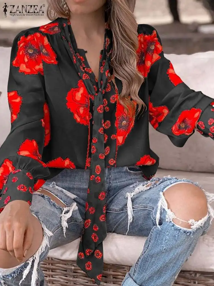 

ZANZEA Women Elegant Printed Shirts Blouse 2022 Fashion OL Long Sleeve Bow Tie Tops Tunic Casual Loose Blusas Chemise Oversized