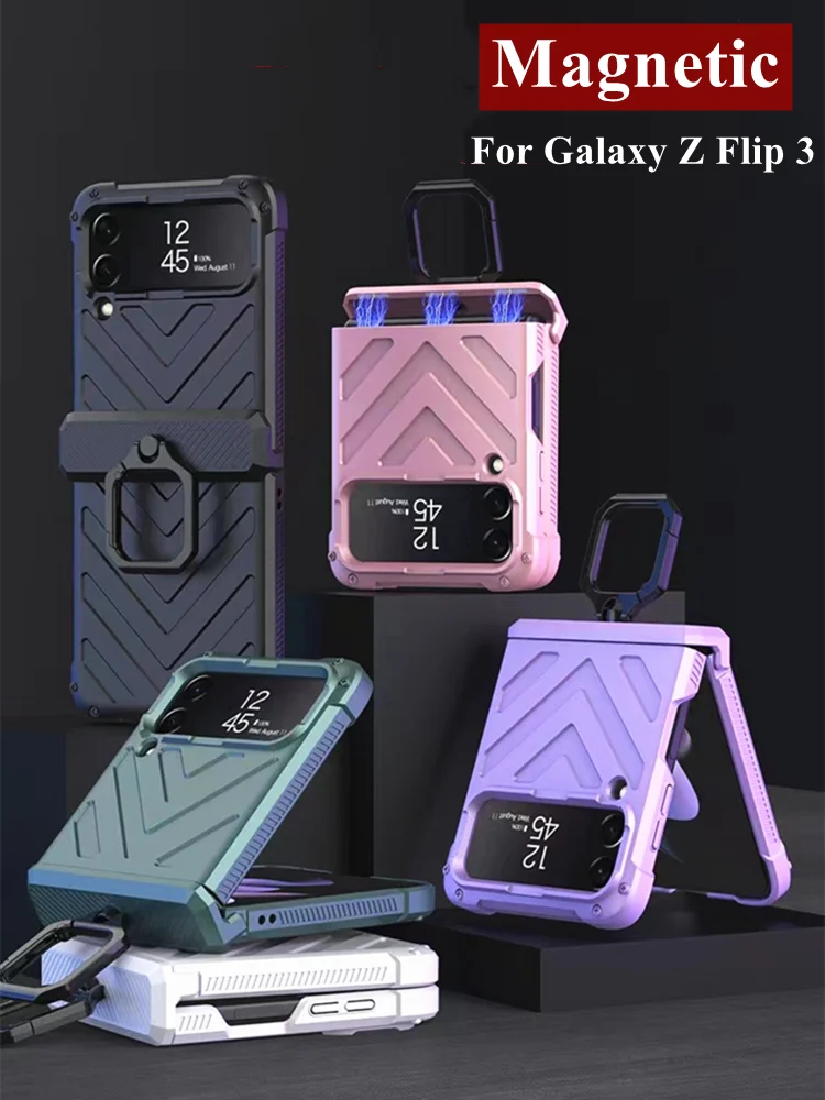 

Противоударный чехол с кольцом на палец для Samsung Galaxy Z Flip 3, магнитный шарнир, жесткий пластиковый сверхпрочный защитный чехол для Z Flip3