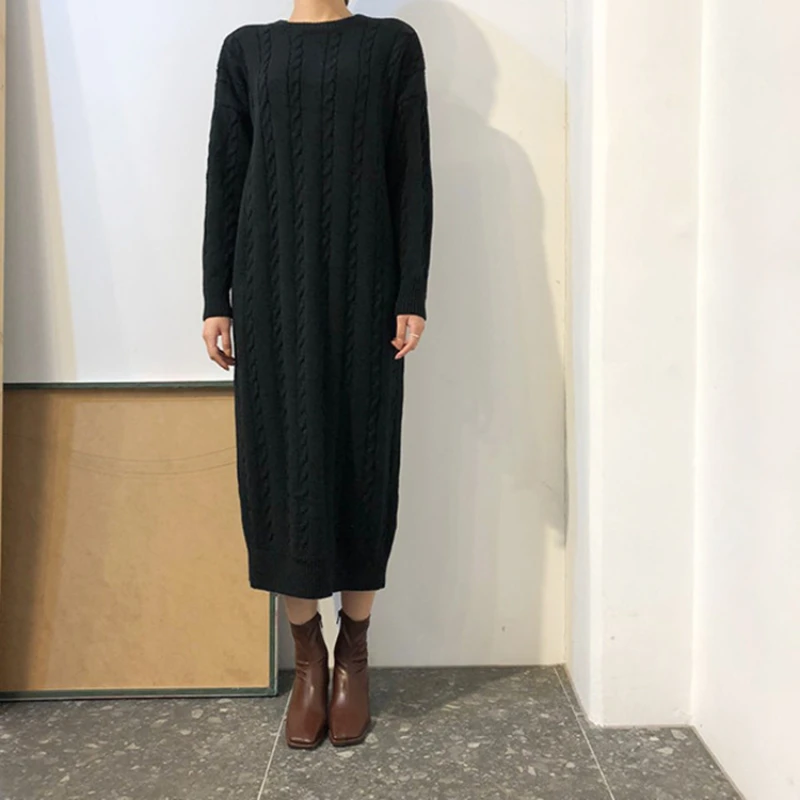 

Женское трикотажное платье-свитер, прямое Длинное свободное винтажное платье выше колена, модель 800i в Корейском стиле на осень и зиму