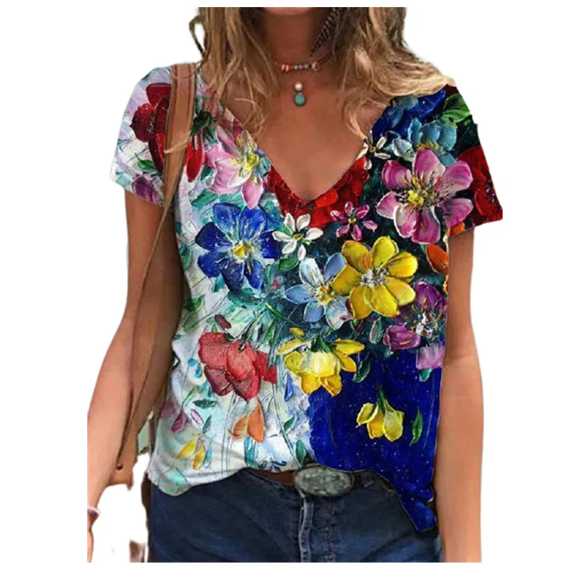 

2021 New Women Summer T Shirt Fashion Oil Painting Print Tops Tee Ladies V-Neck Short Sleeve Pullover Streetwear Flower T Shirts