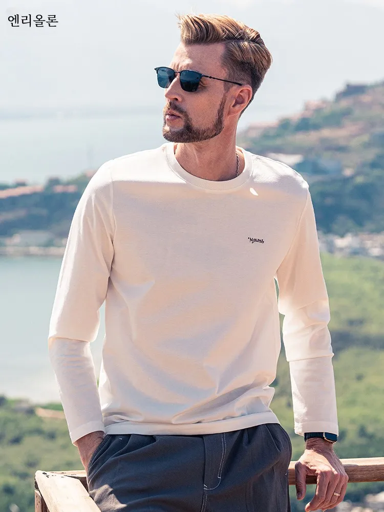 Yingjilun Smooth Mercerized Cotton Long sleeves Shirt Men's Spring and Autumn European American Simple Letter Embroidery ...