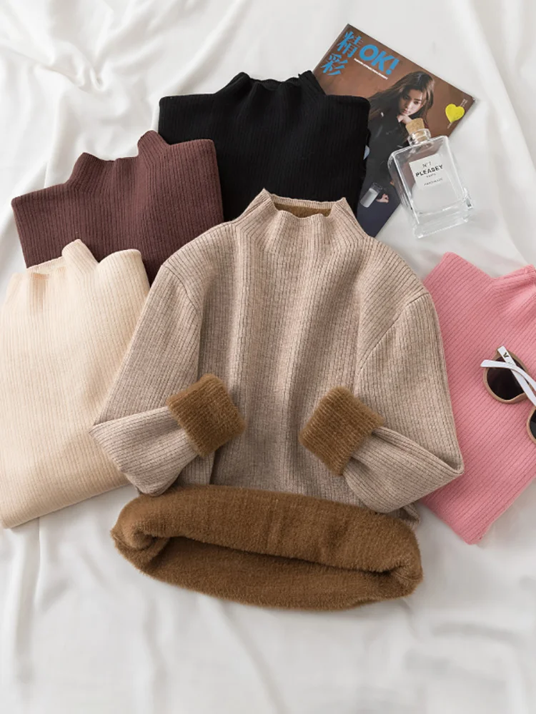 

2023 корейский облегающий плотный бархатный свитер с высоким воротником, женские зимние вязаные пуловеры, Повседневная теплая трикотажная одежда с флисовой подкладкой, топы