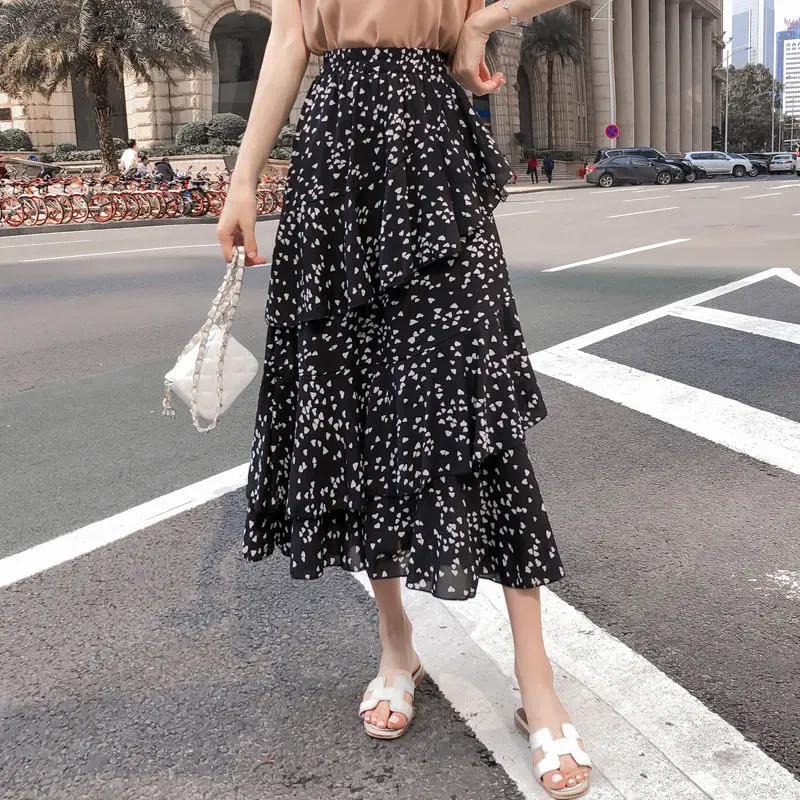 

Chiffon Boho Vintage Floral Bohemian Floral Print Spring Summer Women Chiffon Skirts High Waist Elastic Long Cake A-line Skirt