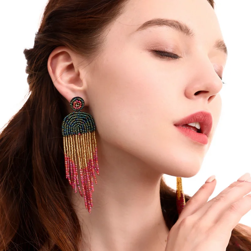 

Handmade Tassel Rice Bead Long Earrings Boho Beaded Retro Classic Earrings Ethnic Style Exaggerated Color Kpop Earring for Women