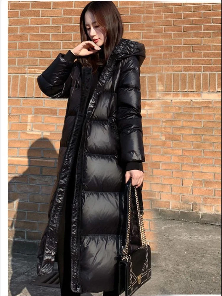 Black Glossy Parka Coat Women's 2022 Fashion Thicken Winter Hooded Loose Long Jacket Female Windproof Rainproof Warm Outwear
