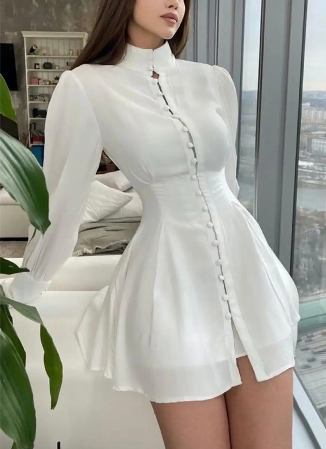 CFED-036 2022Y New Arrivlal Fashion O Neck Pure Color Women's Dress Slim Fit Mini Dress Button Casual Dress Fashion Dress