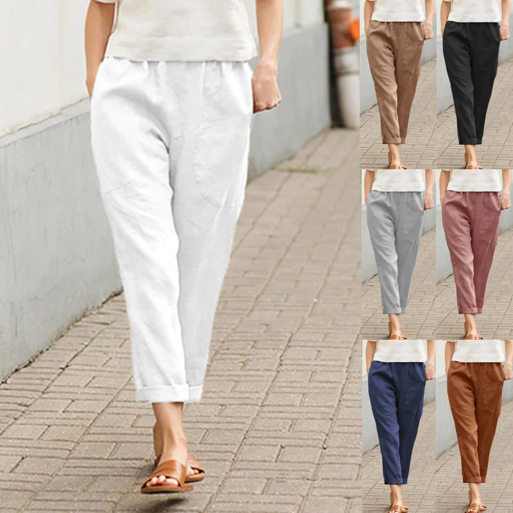 2022 large women's Cotton hemp casual pants women's solid color 9-point pants loose pocket Harlan pants women