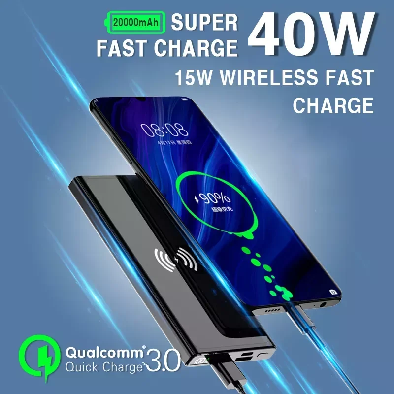 

NEW 40w Super Fast Charging Large Capacity 20000 mAh 15W Wireless Charging Two-way Fast Charging Digital Display External Batter