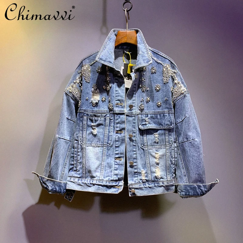 

European Style 2022 Spring New Korean Exquisite Rhinestone Long Sleeve Loose Coat Streetwear Temperament Denim Jacket Women