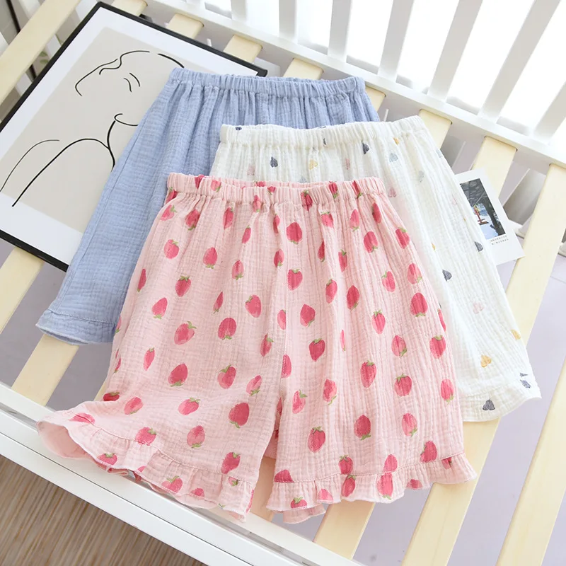 Japanese summer new women's pajama pants 100% cotton crepe shorts large size loose cute shorts home pants bottoms pajama shorts