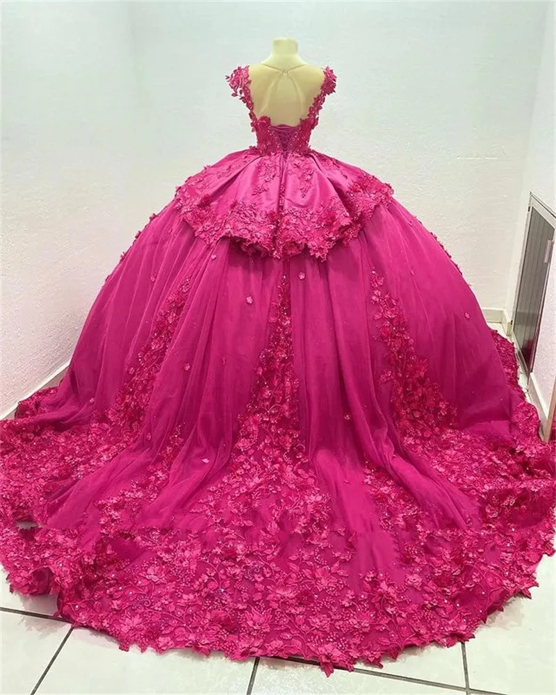 

Фуксия принцесса платье для Quinceanera 2023 прозрачный шейный шнуровка корсет 3D Цветочный Черный Девушка Vestido de 15 лет Quinceaneras Prince