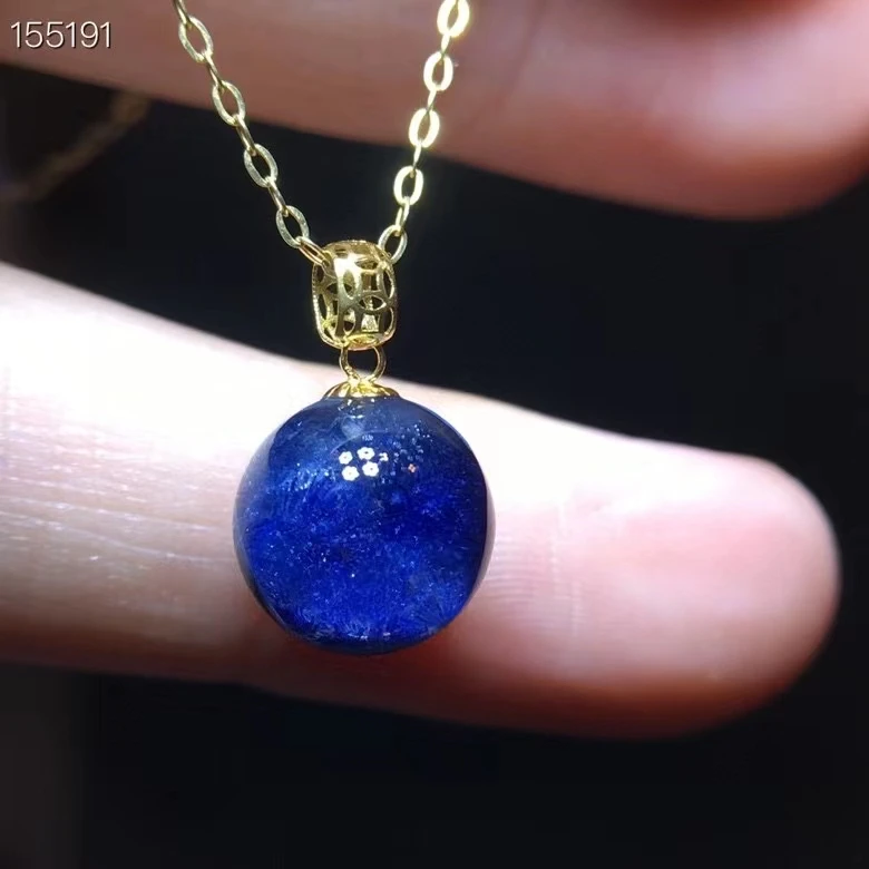 

Natural Blue Rutilated Dumortierite Quartz Pendant Crystal Clear Round Sphere 9.6mm Necklace 18K Gold Jewelry AAAAAAA