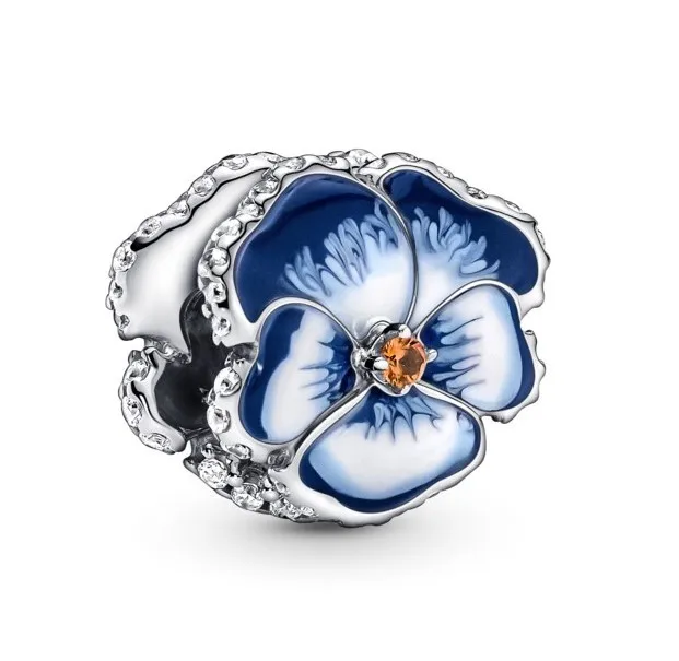 

Authentic 925 Sterling Silver Moments Blue Pansy Flower With Crystal Charm Bead Fit Pandora Bracelet & Necklace Jewelry