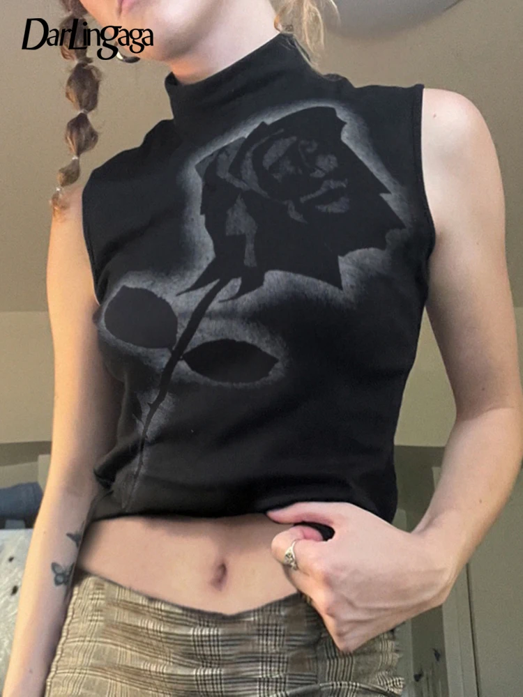 

Darlingaga Mall Gothic Floral Print Bodycon Tank Top Streetwear Dark Academia Basic Summer Vest Sleeveless Casual Crop Top Women