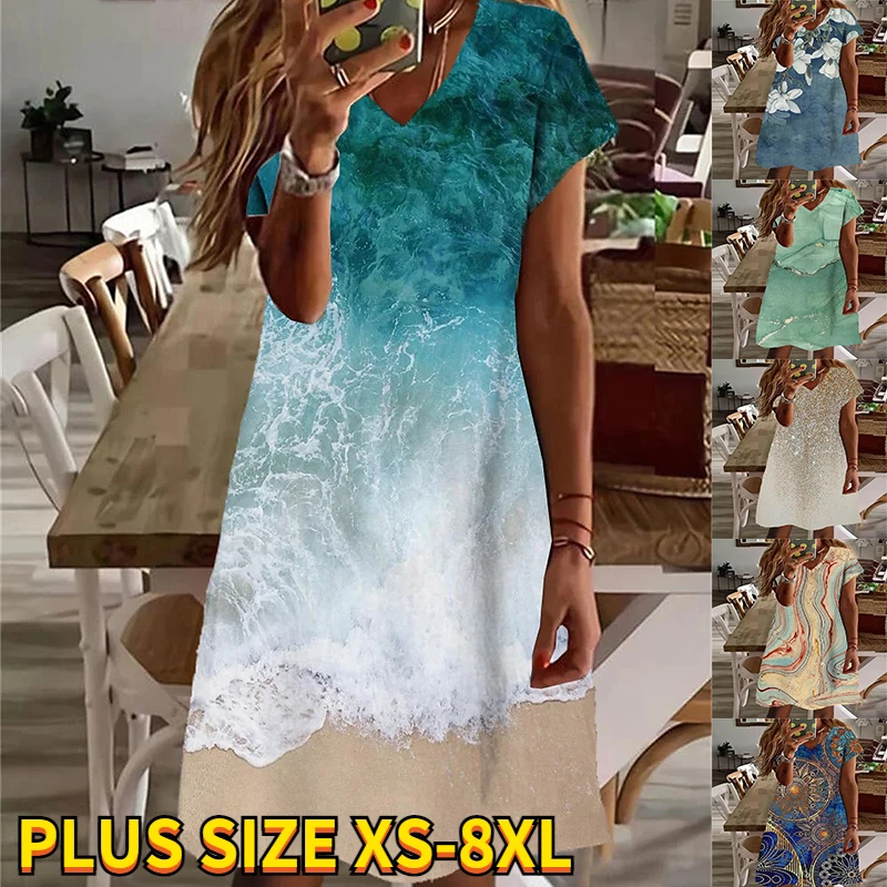 

2022 Summer Elegant Women's Abstract Printed Painting Dress V Neck Female Short Sleeves Knee Length New Design Dress Plus Size