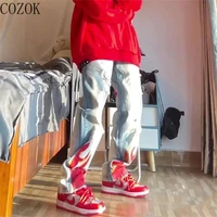 new flame print ripped washed distressed oversized jeans hip hop high street style straight leg trousers tide streetwear women