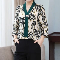 vintage printing chiffon slim womens blouses 2022 summer female elegant fashion scarf collar three quarter sleeve casual shirt