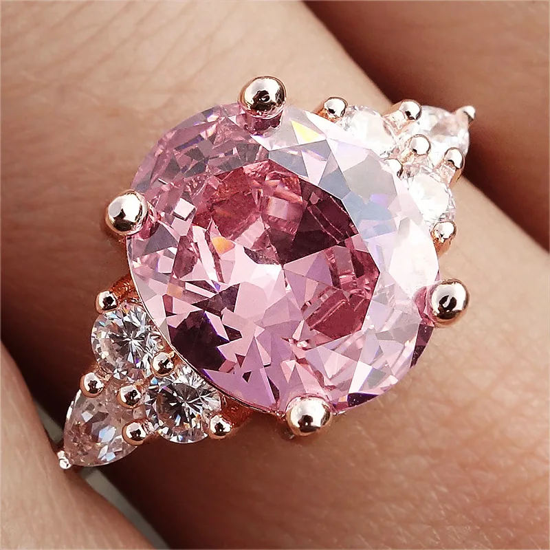 

Luxury Pink Crystal Zircon Ring for Women Fashion Inlaid Pink Rose Golden Zircon Wedding Rings Engagement Jewelry