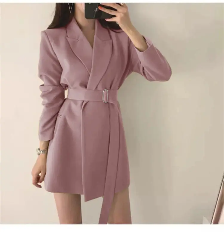 2021 Women British Style Elegant Black Beige Blazer Coat Long Outwear Jacket Sashes Fall OL Korean New Fashion Solid Blazers