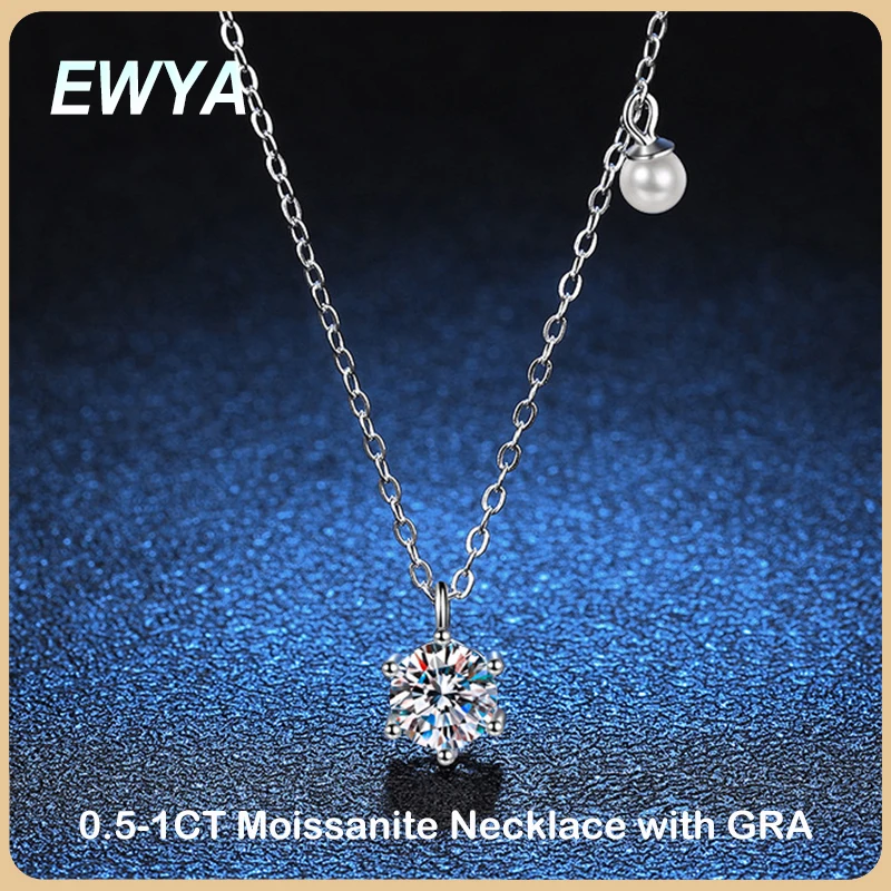 

EWYA Real 0.5-1ct Moissanite Pendant Necklace for Women Party Fine Jewelry S925 Silver 6 Claw Diamond Neck Chain Necklaces Gift