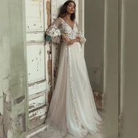 sexy lace v neck wedding for bride backless beach appliques bridal gown tulle long sleeve with lantern princess vestido de novia