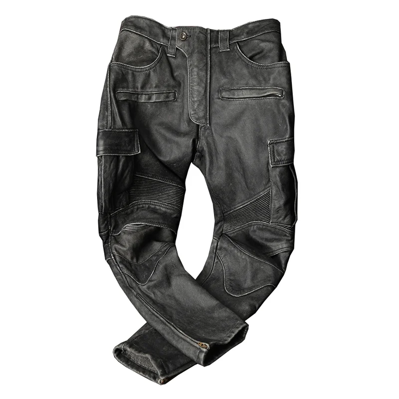 

Motorcycle Leather Trousers Men Leather Pant Thick 100% Cowhide Vintage Grey Black Men's Moto Biker Pants Winter 5XL