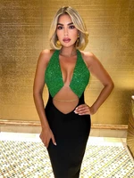 sexy slim maxi dress women fashion green sequins patchwork long dress 2022 summer elegant cut out bodycon club party dresses