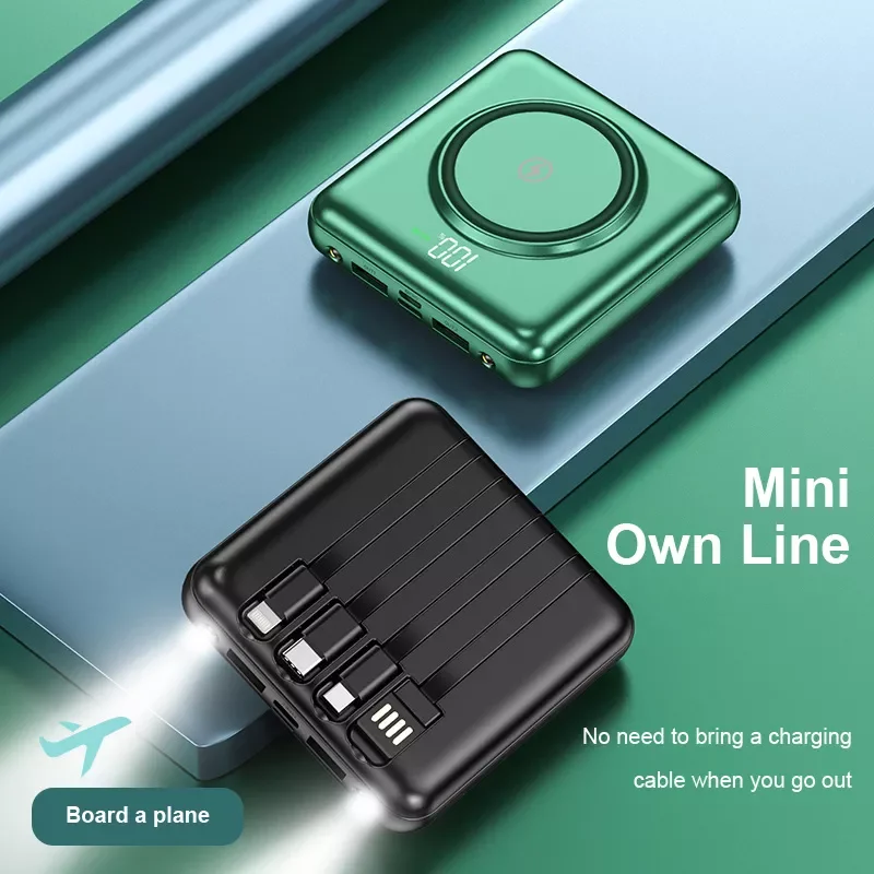 

NEW Mini Portable 20000mAh Power Bank With Wireless Charge External Battery for iPhone Camping Power Bank Comes With 4 Cable