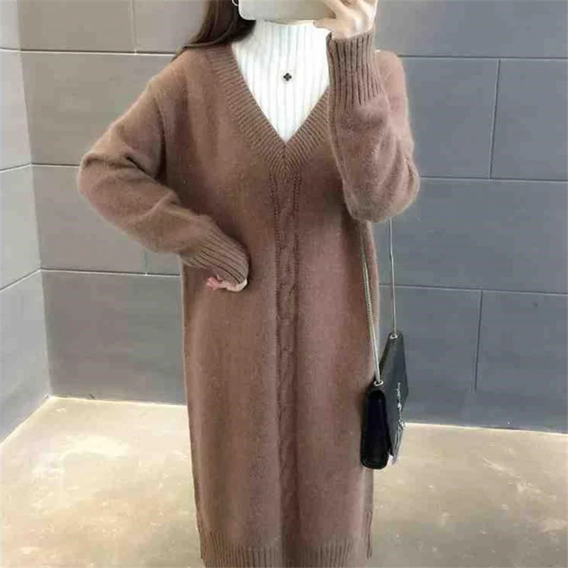 

Half Korean High Collar Splicing Knit Sweater Dress Women Pullover Jumpers Ladies Autumn Winter 6 Color Long Knitted Tops Female