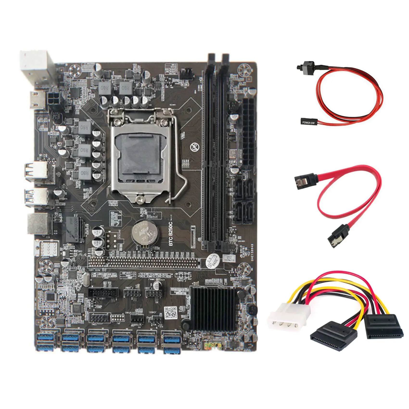 

B250C Mining Motherboard with 4PIN to SATA Cable+Switch Cable+SATA Cable 12 PCIE to USB3.0 GPU Slot LGA1151 Support DDR4